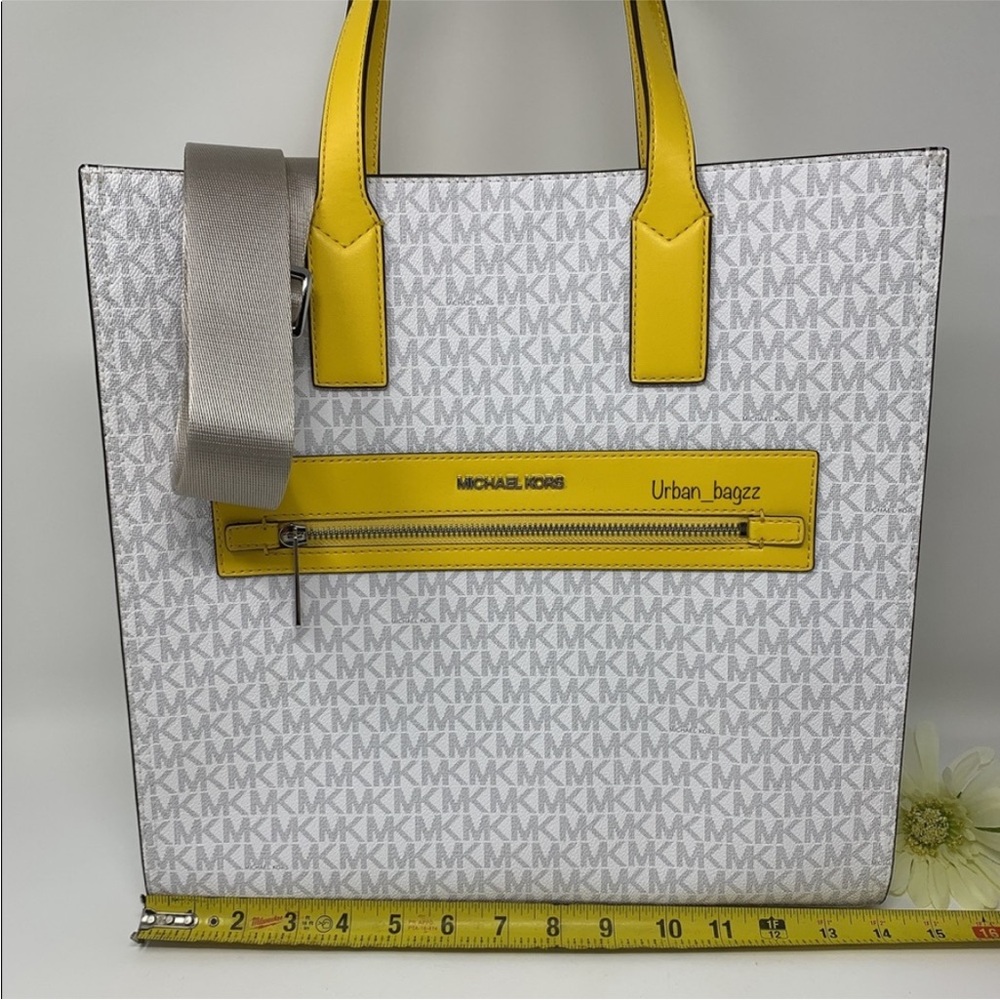 Michael Kors Kenly Large North South Tote White MK Signature Citrus Yellow - Picture 5 of 10
